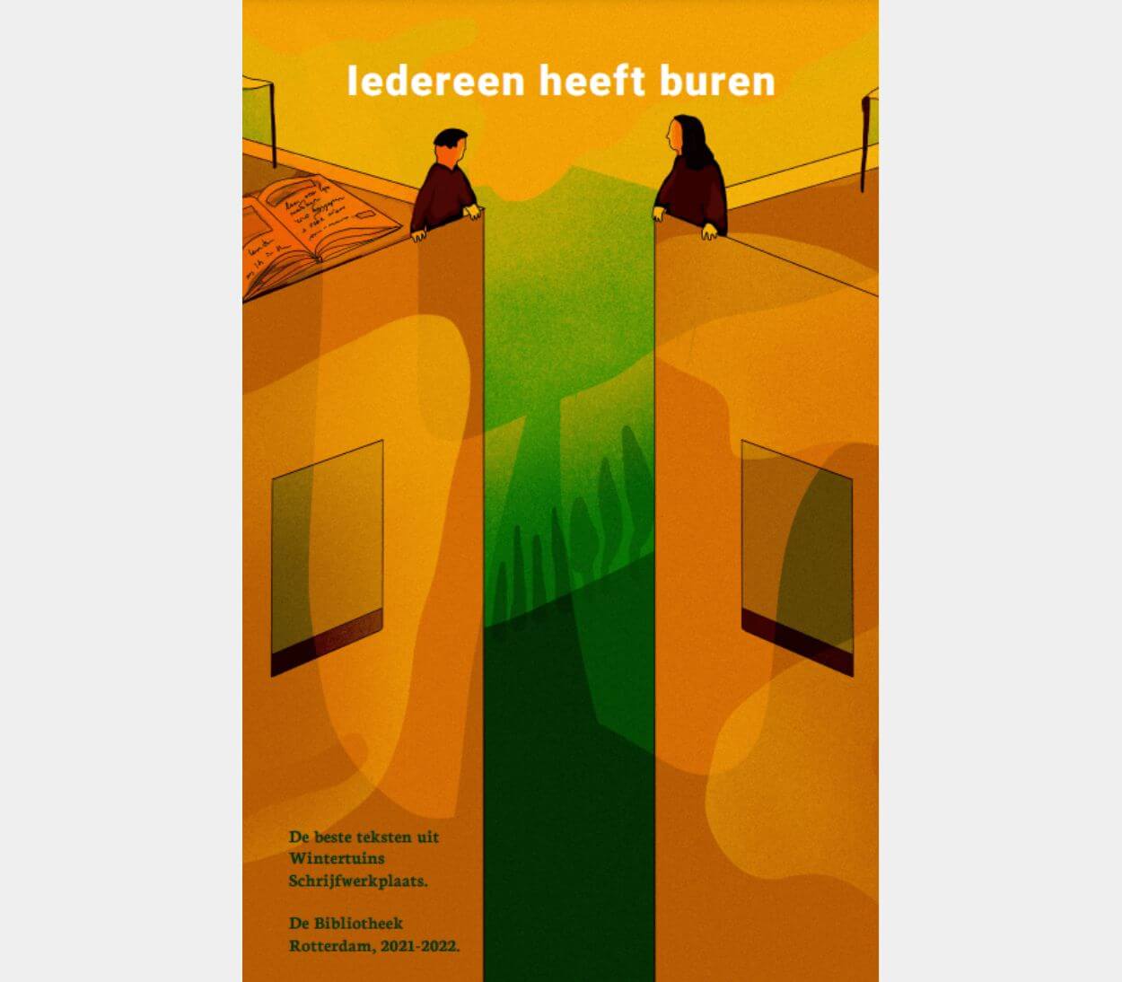 Cover van 'Iedereen heeft buren'. Illustratie van twee figuurtjes die zich in verschillende gebouwen bevinden, in gele/oranje/groene achtergrond, en naar elkaar kijken.